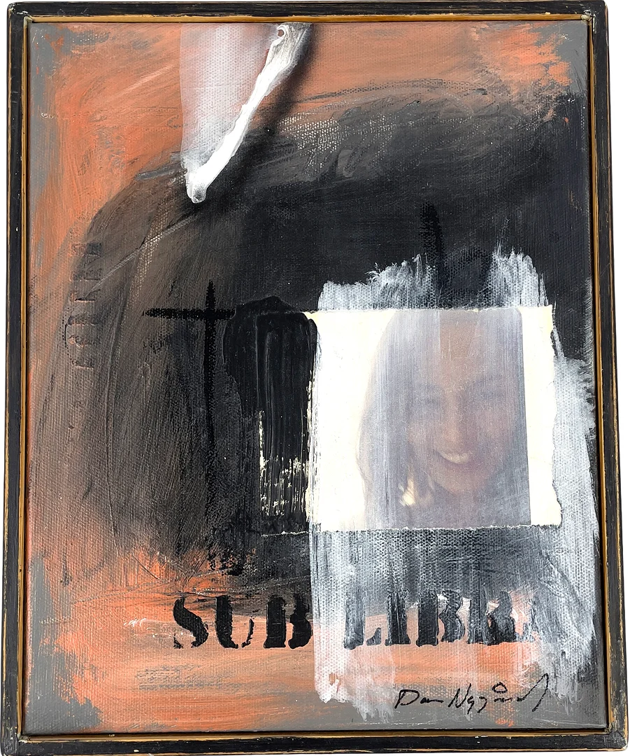 DAN NYGÅRDS (1944-2023), olja på duk, collage med kvinnoansikte, signerad, även signerad a tergo. — Paintings — Roslagens Auktionsverk