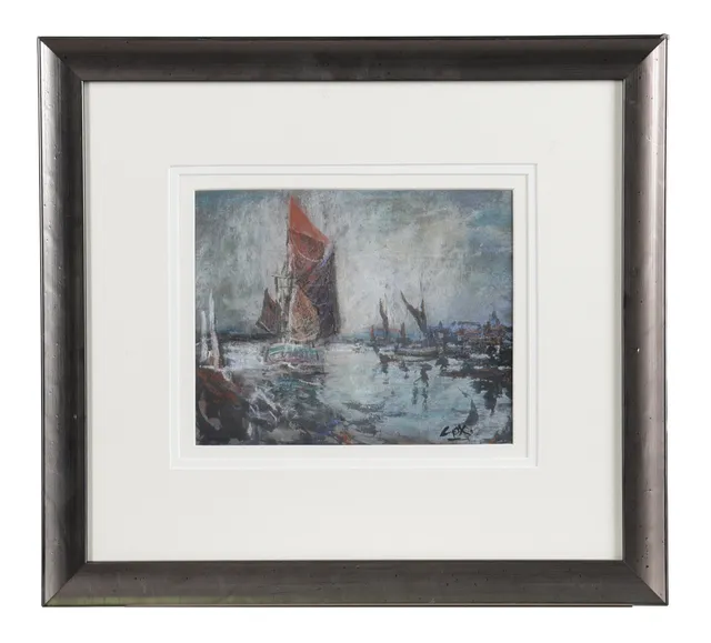 JACK COX (BRITISH, 1914-2007) BOATS MOORED NORFOLK.