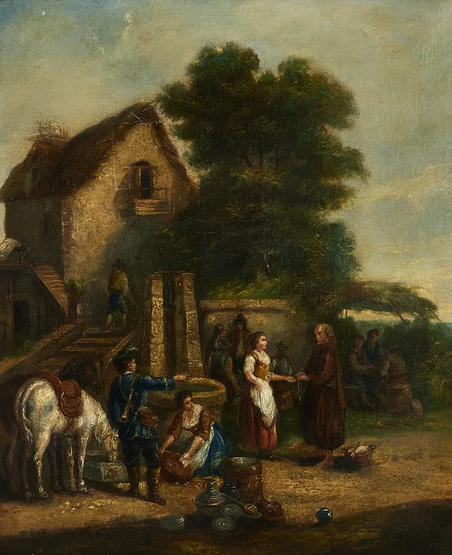 OKÄND KONSTNÄR. Gårdsmotiv, olja på duk, osignerad, 1800-tal.