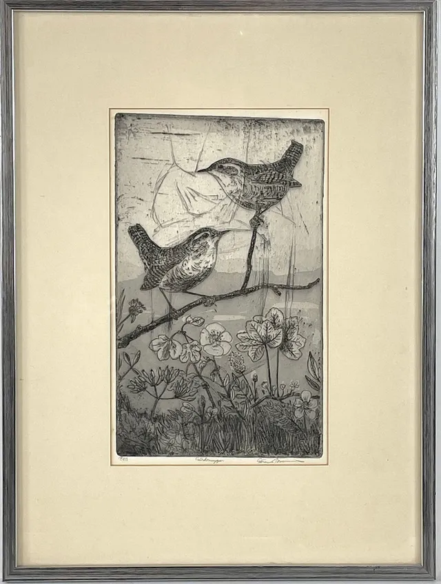 GÖRAN BRUNIUS. "Gärdsmygar", etsning, signerad, provtryck P.GB.