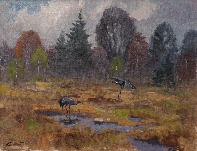 BERTIL WIDBRANT. "Fåglar i landskap", olja på duk, signerad.