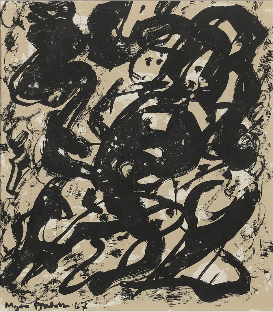 MOGENS ANDERSEN (1916-2003). Abstrakt komposition, indrammet litografisk tryk, tryksigneret og dateret 1967. — Engravings & Prints — Palsgaard Kunstauktioner