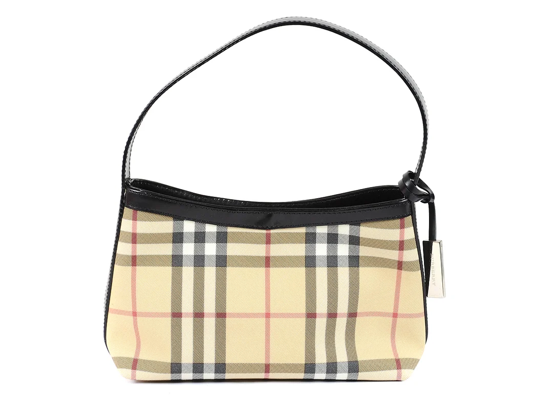 VÄSKA, BURBERRY, beige, svart, röd rutig, svart läder, 22x15x7 cm, dustbag. — Accessoarer/Väskor — Kaplans