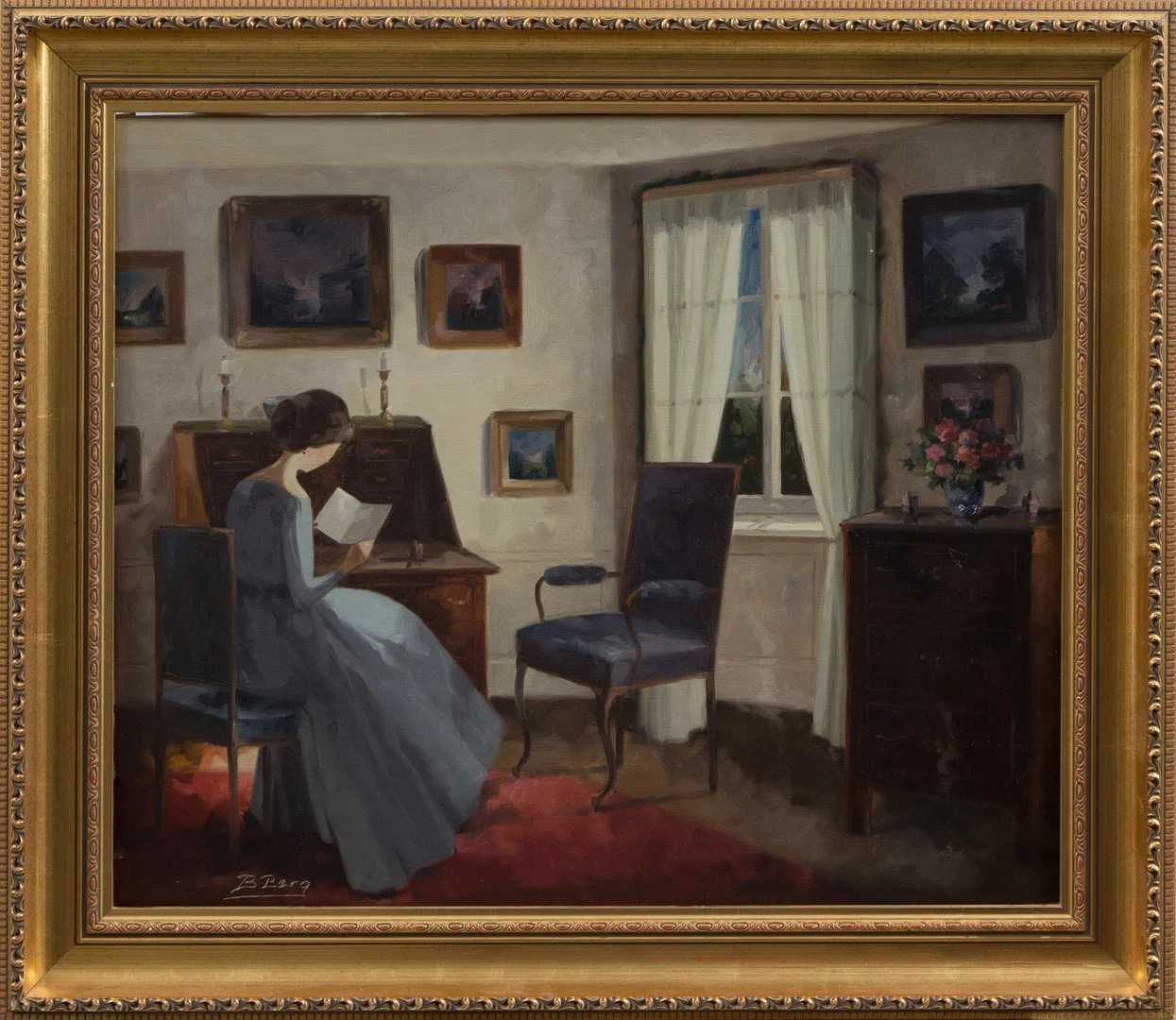 BENTE BERG. OLJA på duk, Kvinna i rumsinteriör, signerad, 1900-tal. — Paintings — Kalmar Auktionsverk