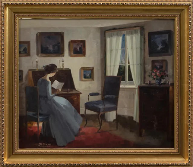 BENTE BERG. OLJA på duk, Kvinna i rumsinteriör, signerad, 1900-tal.
