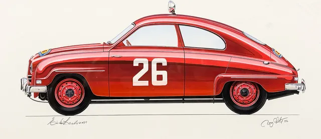 RONY LUTZ. SAAB 93B. ORIGINAL ILLUSTRATION UR BOKEN "MR SAAB". Original.
