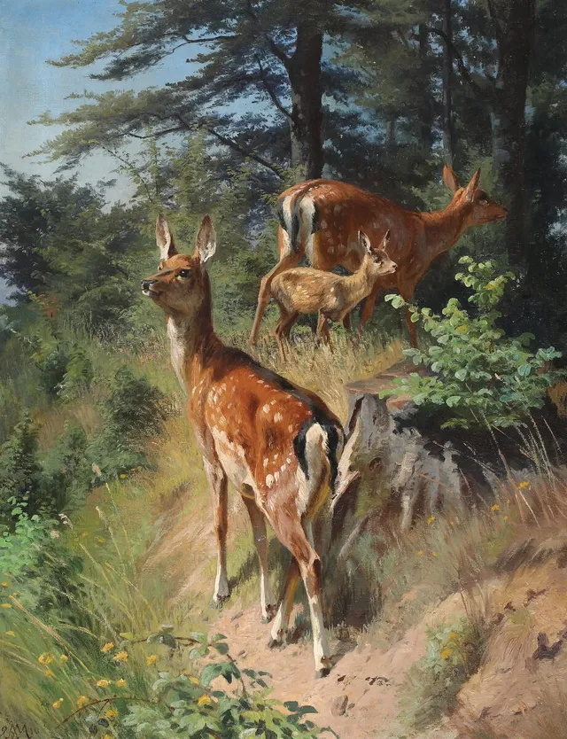 Forest scenery with deers. Signed with monogram and dated 1910. Oil on canvas. 80×61 cm.