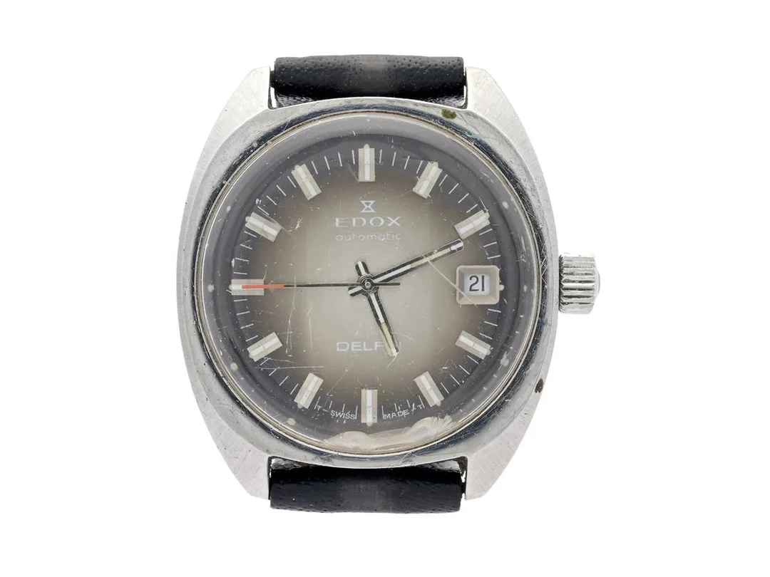 EDOX, Delfin (T-Swiss Made -T), Boett nr. 623.2303.4, herrur, 35 mm, stål, automatisk, plexiglas, datum, läderband, ca 1970. — Klockor/Edox — Kaplans