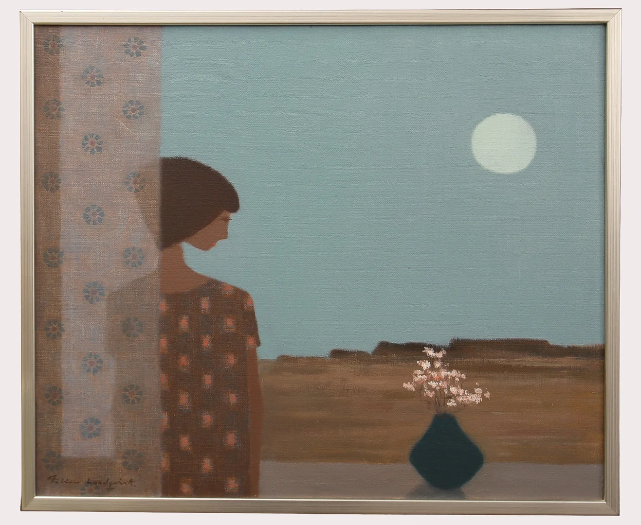 FABIAN LUNDQVIST. Olja på duk, kvinna och blomkruka i månsken signerad. — Paintings — Limhamns Auktionsbyrå