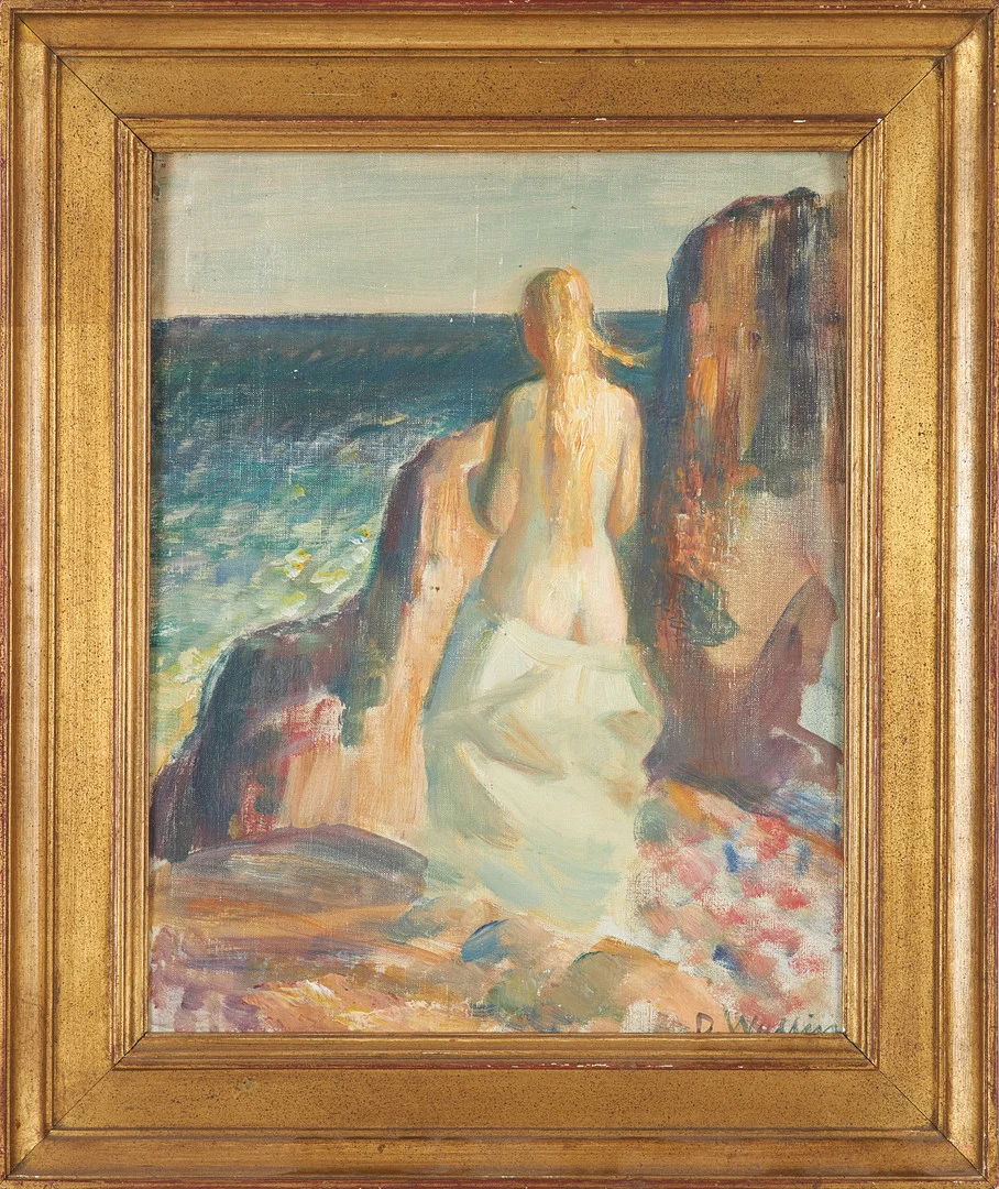 DAVID WALLIN. Inför ett dopp, olja på duk uppfodrat på pannå, signerad. — Paintings — Stockholms Auktionsverk Sickla