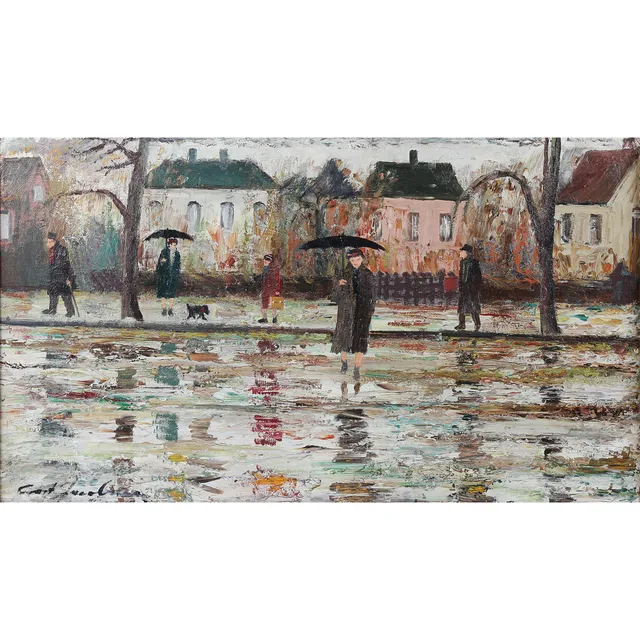 CORT JACOBSEN (1911-1967). Efterårsparti med figurer, olie på lærred.