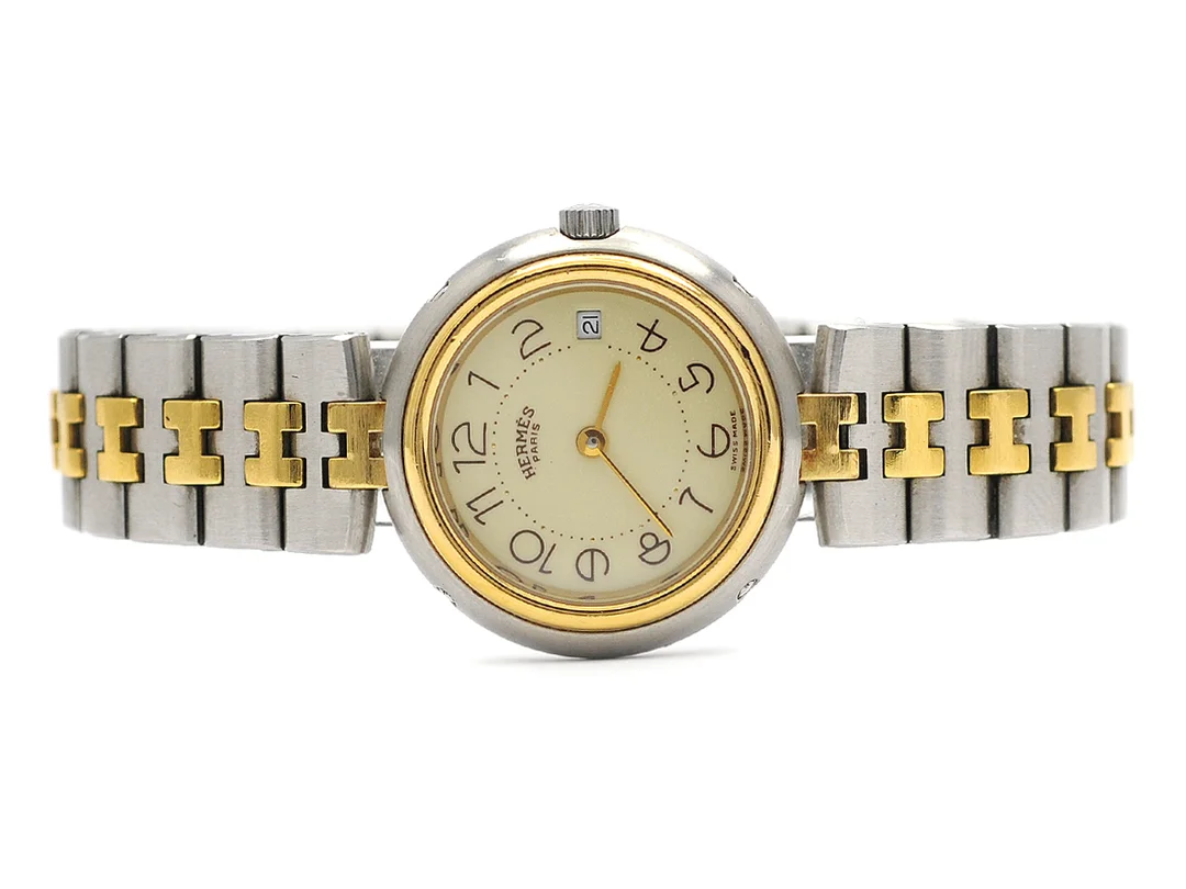 HERMES, Paris, damur, 25,5 mm, Boett nr. 311192, bicolour, quartz, mineralglas, datum, skadad urtavla, integrerad originallänk, längd 162-165 mm, ca 1992. — Klockor/Hermès — Kaplans