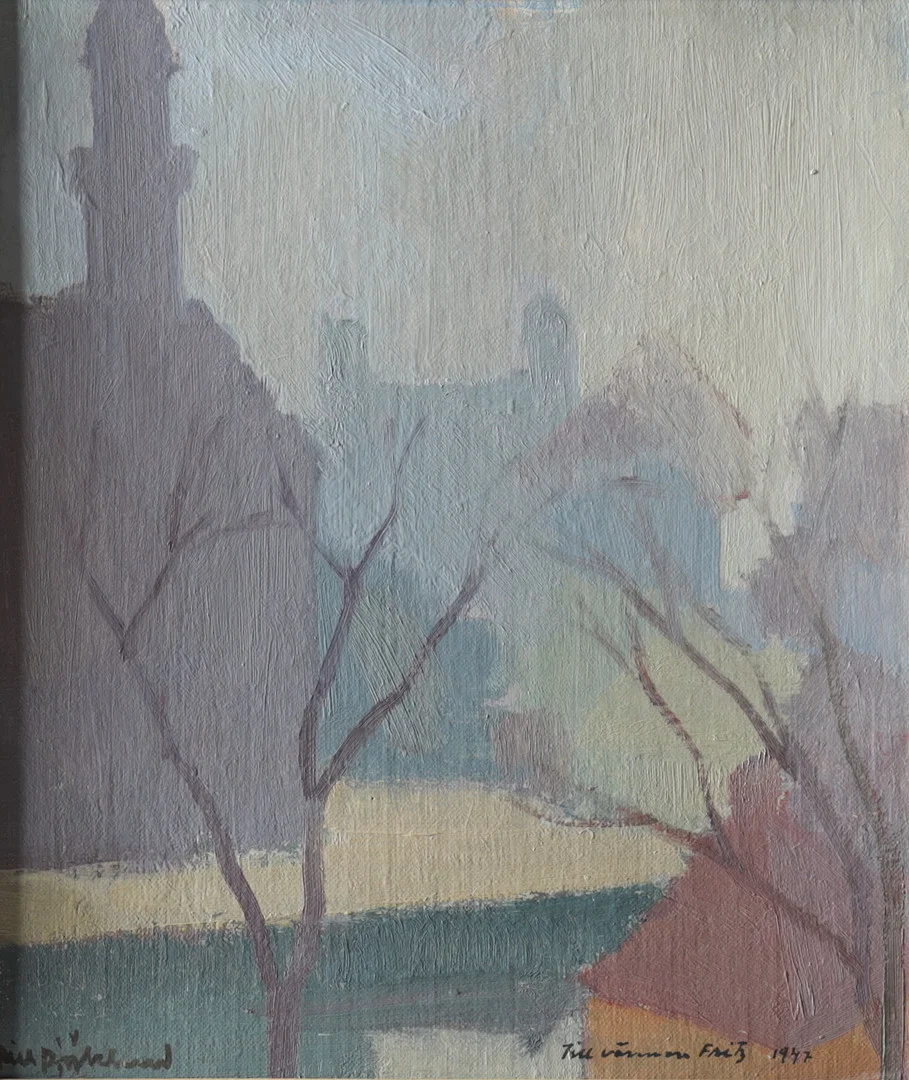 RICKARD BJÖRKLUND. Stadsvy, olja på pannå, signerad samt daterad i gåvotext 1947. — Paintings — Gomér & Andersson Nyköping