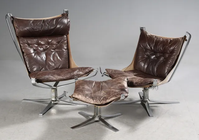 Sigurd Ressell. Falcon. High and low-backed lounge chair and stool, chrome-plated steel (3)