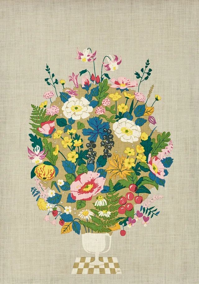 LISBET JOBS. Textil, "Rosor och akvileja", Jobs handtryck Leksand, 1900-talets andra hälft, signerad.