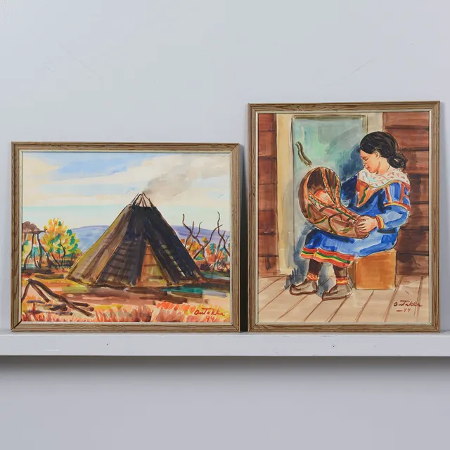 ALVAR OUTAKKA. Samiska motiv, Akvarell på papper, 2 st, Signerade, Daterade - 44.