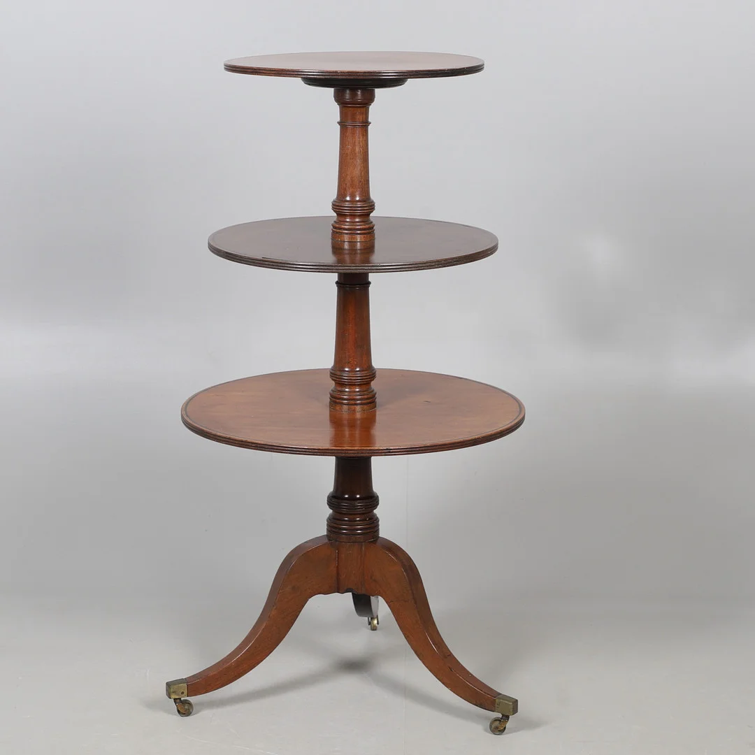 AN INLAID MAHOGANY THREE TIER DUMB. WAITER. — Cupboards, Cabinets & Shelves — Lawrences Auctioneers