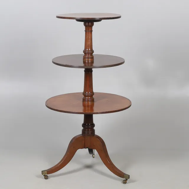 AN INLAID MAHOGANY THREE TIER DUMB. WAITER.