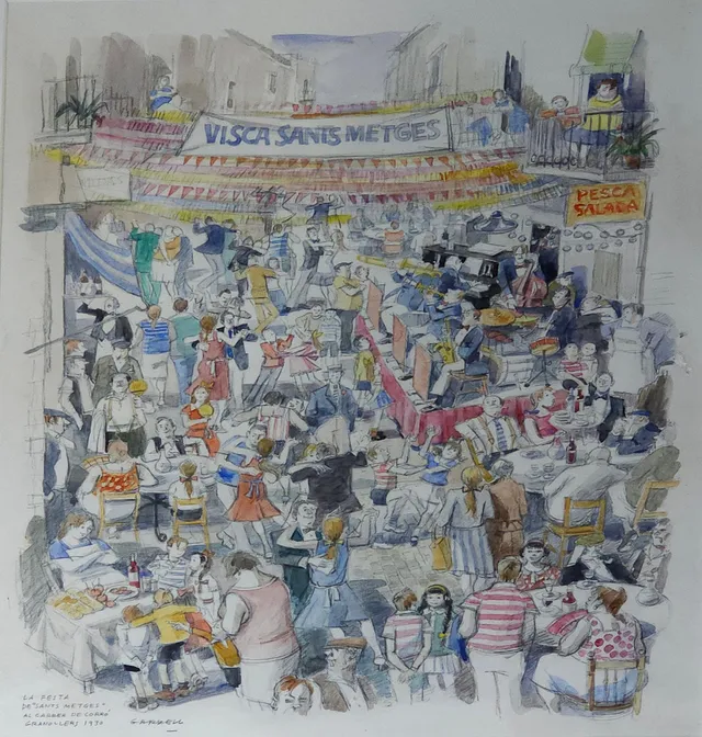 AMADOR GARRELL I SOTO. "La festa de "Sants Metges" al carrer de Corró", dibujo acuarelado sobre papel.