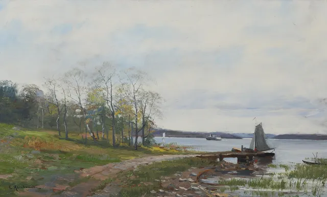 ERIK ABRAHAMSSON. Sjölandskap, olja på pannå, signerad.