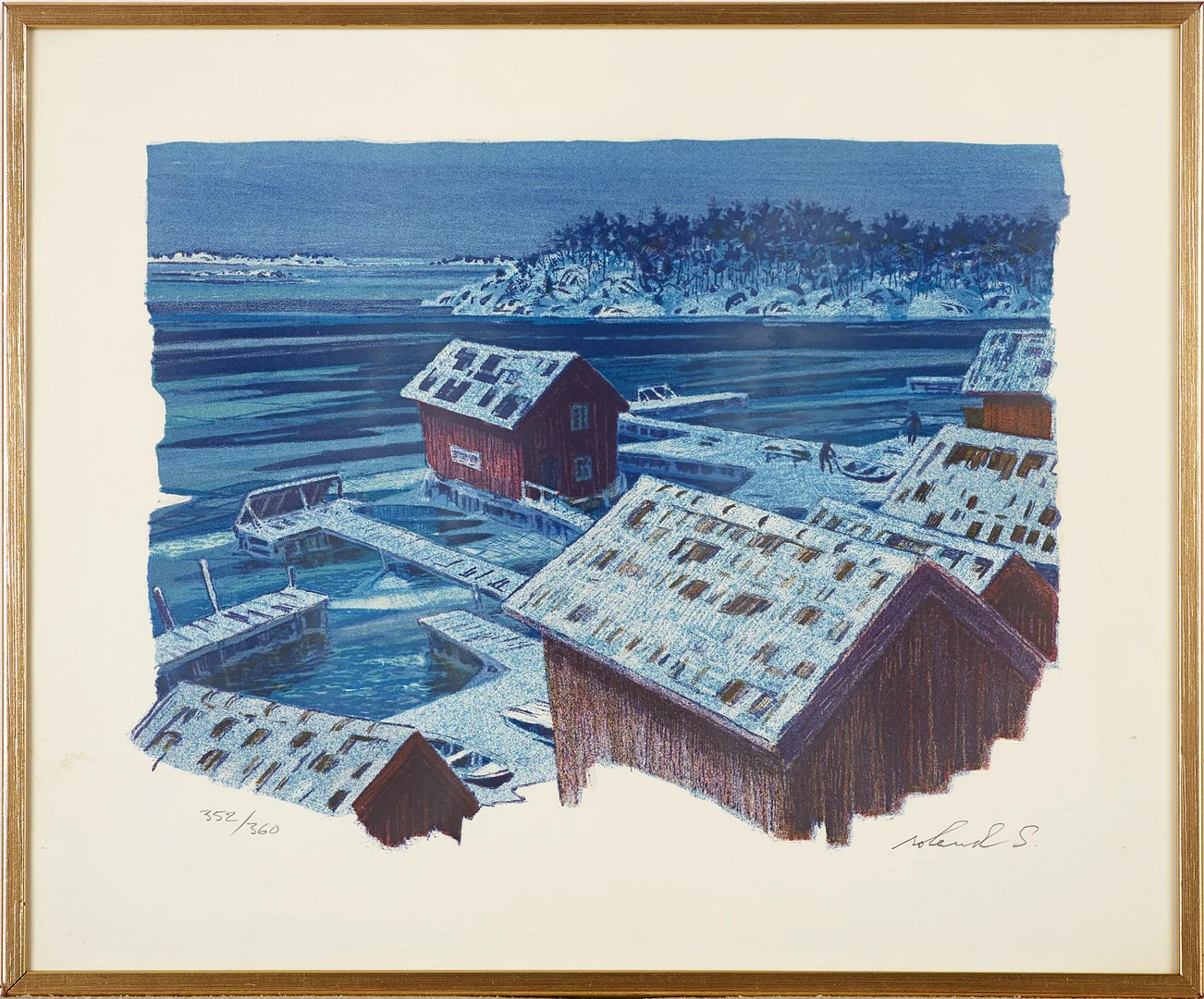 ROLAND SVENSSON (1910-2003): "Vinterskymning, Sandhamn", 1977, signerad roland S, 352/360, färglitografi. — Engravings & Prints — Stockholms Auktionsverk Magasin 5