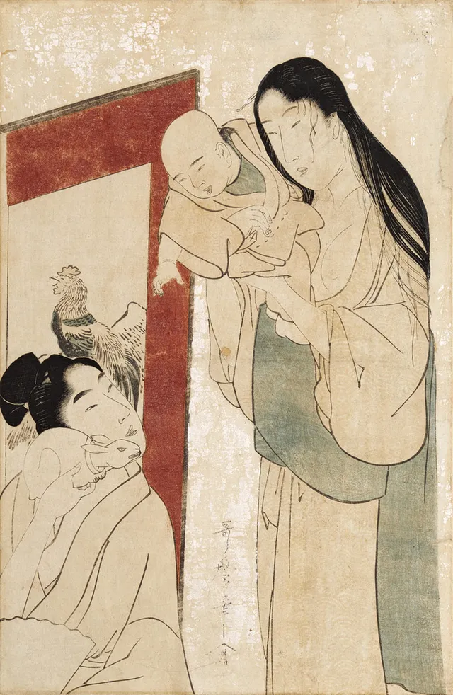 KITAGAWA UTAMARO (c 1753-1806) ”The Tame Rabbit, färgträsnitt med reliefprägling och Mica-grund, sent 1790-tal. Utgivet av Mori-ya Jihei (Kinshindo).