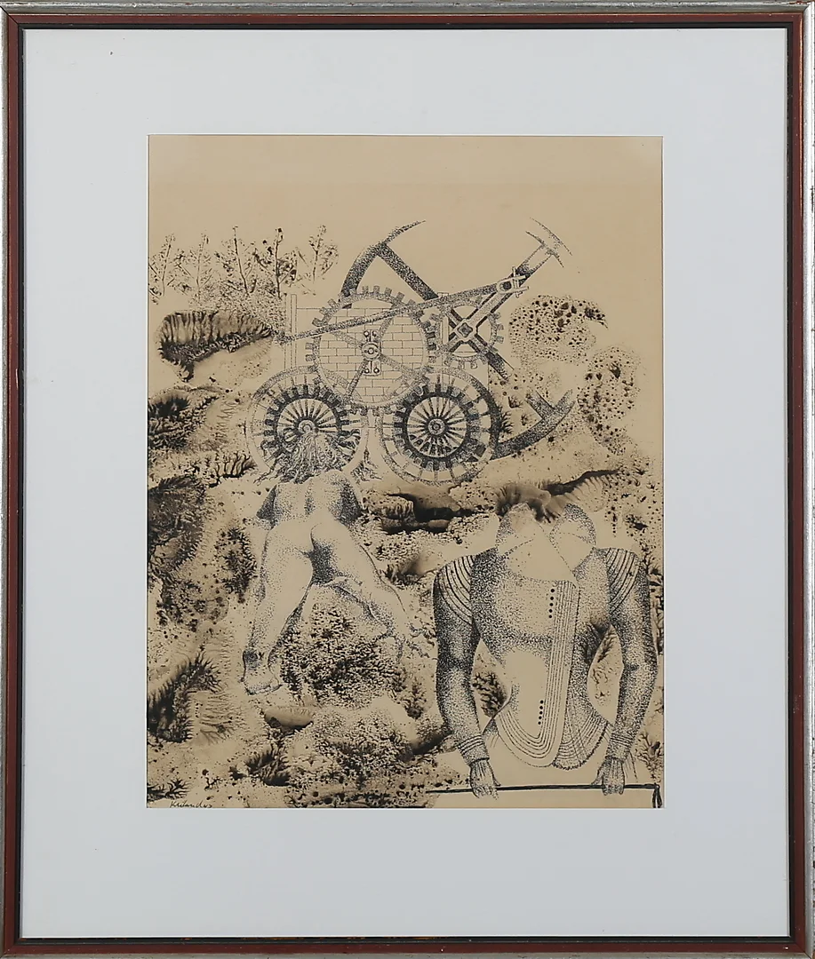 GÖSTA KRILAND. Blandteknik, surrealistisk komposition med kvinna, signerad Kriland. — Drawings — Garpenhus Auktioner
