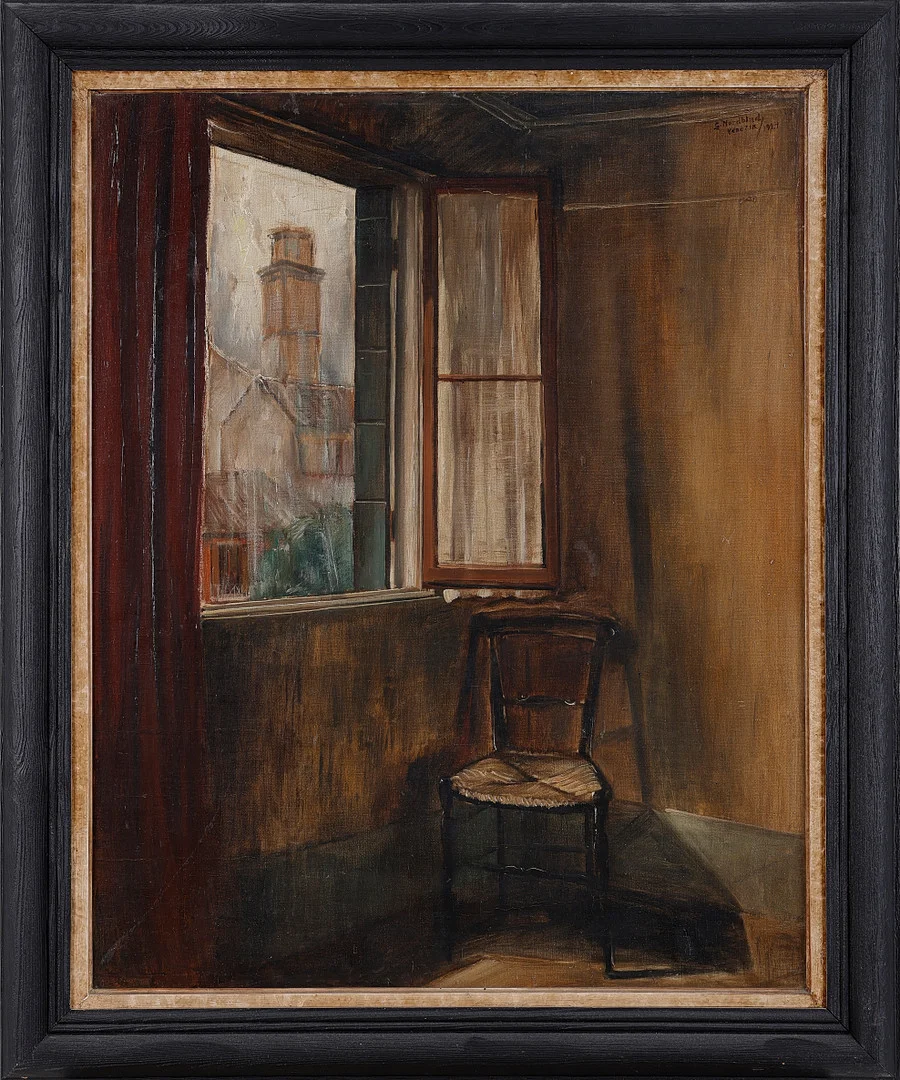 GÖSTA NORDBLAD (1897-1940). Interiör med stol vid öppet fönster, olja på duk på pannå, signerad G Nordblad, daterad Venezia/ 1924. — Paintings — Stockholms Auktionsverk Magasin 5