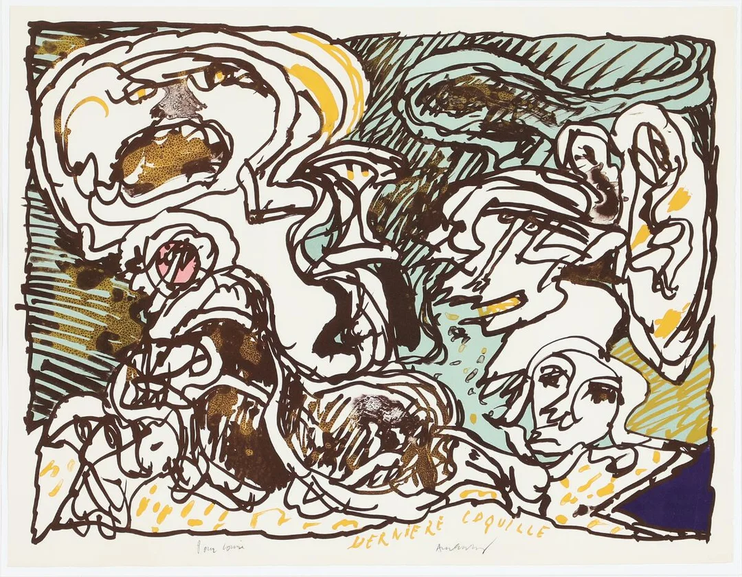 “Dernière Coquille”, 1977. Signed Alechinsky, Pour Louis. Lithograph in colours. Sheet size 43×56 cm. — Modern Prints/CoBrA — Bruun Rasmussen