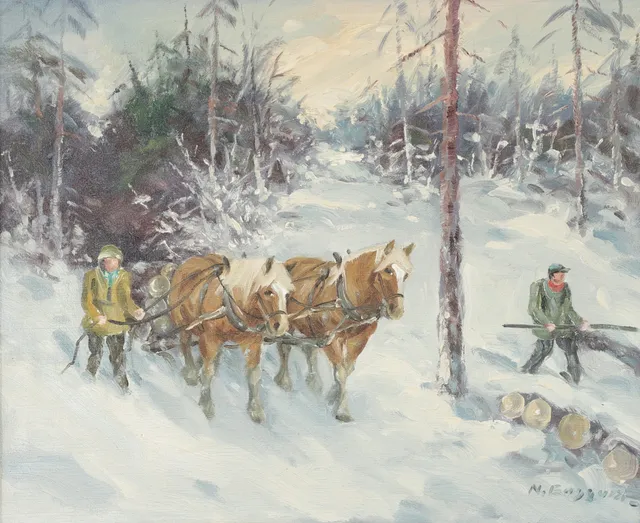 NILS ENGQUIST. Skotning med hästar, olja på duk, signerad.