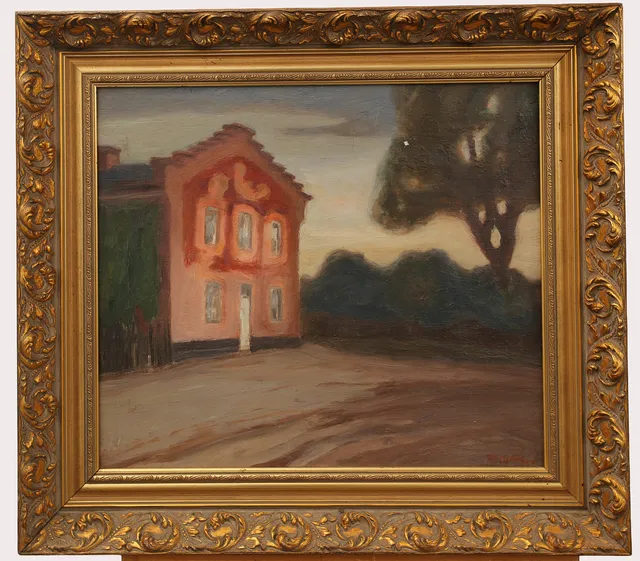 CARIN THAM (1887-1967). Olja på duk, röd-rosa husgavel vid träd.