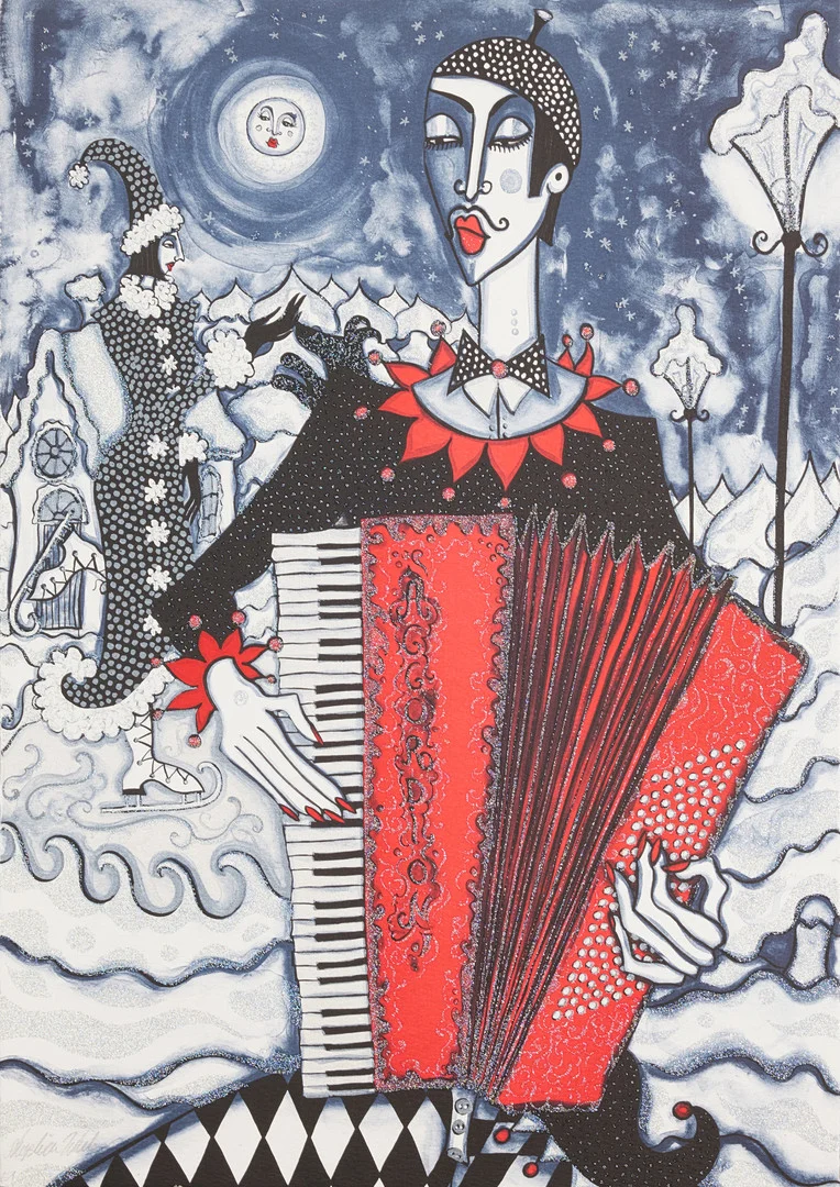 ANGELICA WIIK. "Isdans", färglitografi med glitter, signerad, EA. — Engravings & Prints — Stockholms Auktionsverk Magasin 5