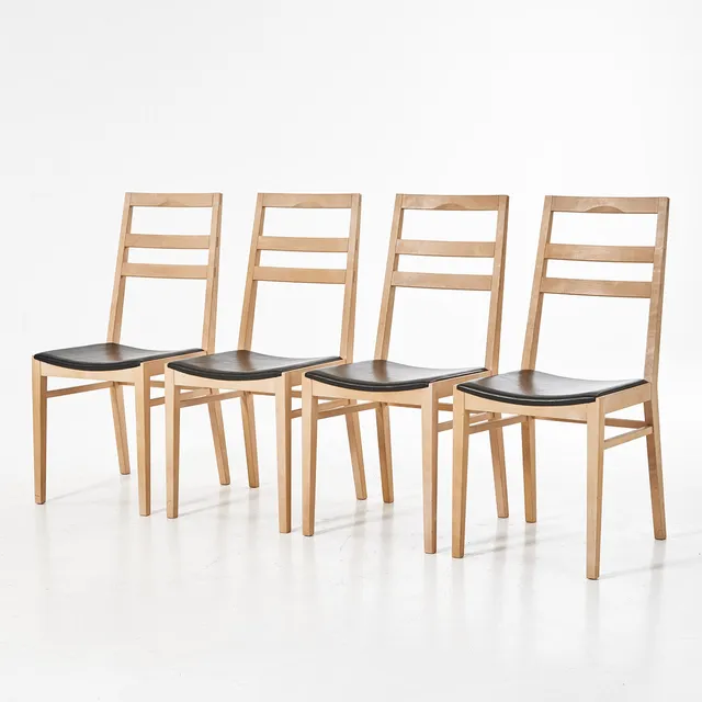 KRISTIAN ERIKSSON. stolar, 4 st, "Lansa", för G.A.D (Gute art design), vitoljad stomme med sitsar i svart skinn.
