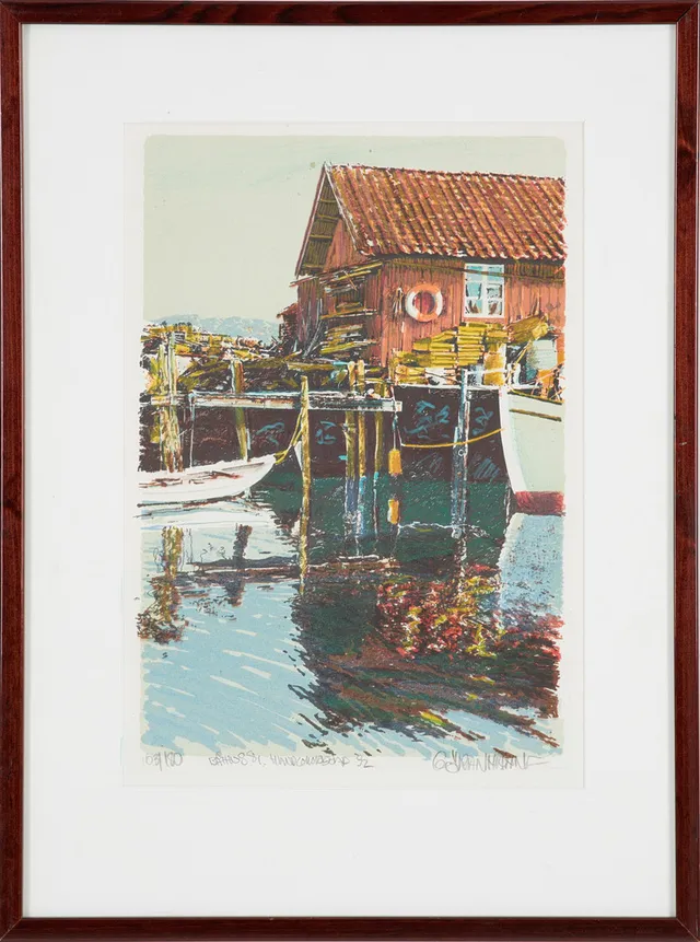 GÖRAN HAHNE. färglitografi, "Båthus 81", signerad, numrerad 103/180.
