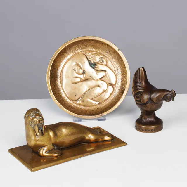 SVEND LINDHART (1898-1989). Collection of sculpture, paperweight and low bowl in bronze, Brothers Grage Bronze Foundry, Denmark, 1950/60s, (3).