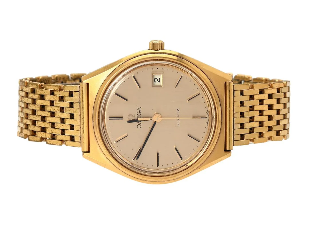OMEGA, herrur, 35 mm, Cal 1370, Serie nr. 42684505, Ref nr. MD 196.0122, Boett nr. 196.0122 (LL), doublé (20 micron), quartz, plexiglas, datum, ca 1979, metallänk ej original. — Klockor/Omega — Kaplans