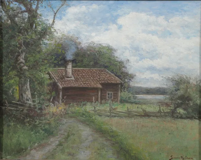 SEVERIN NILSON. Stuga vid sjö, olja på pannå, signerad.