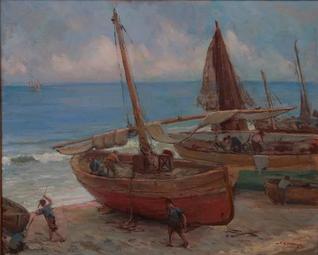 ALEXANDRE DE CABANYES. Boats on the beach in Vilanova i la Geltrú.