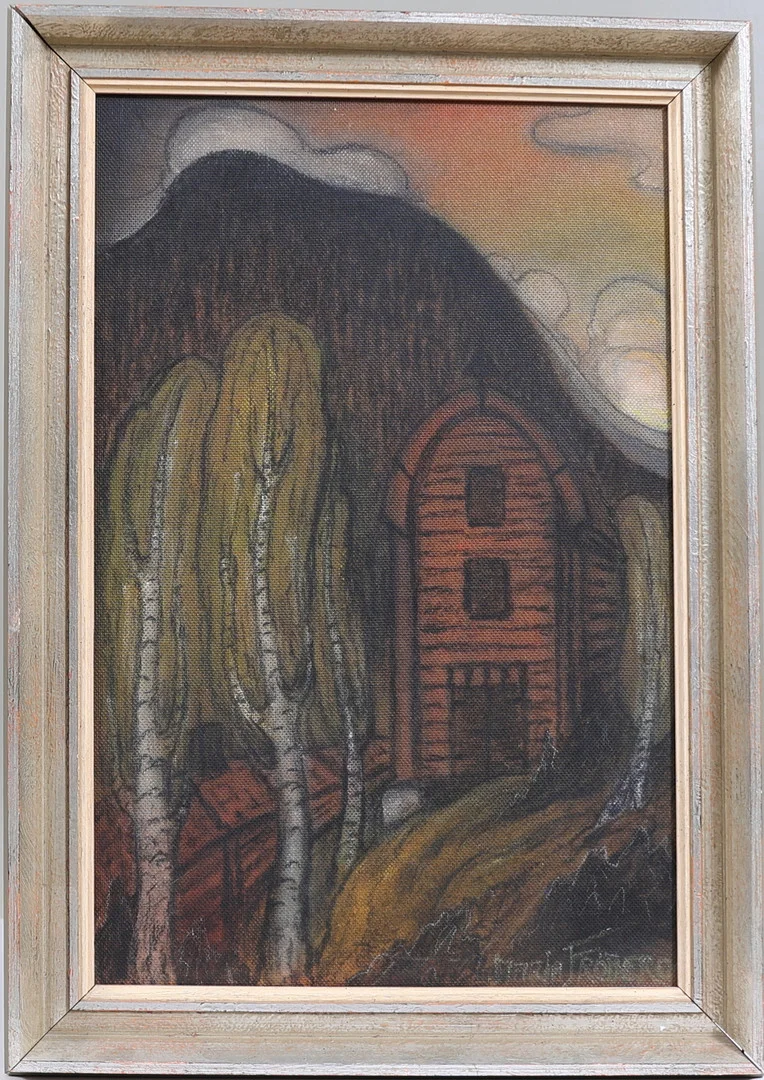 MARIA FRÖBERG (Västerås 1886-1962 Eskilstuna). Landskap med hus, olja/blandteknik på pannå, signerad. — Paintings — Gomér & Andersson Nyköping