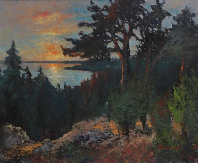 FRANS GARD. Olja på duk, skärgård i solnedgång, signerad, 1900-tal.