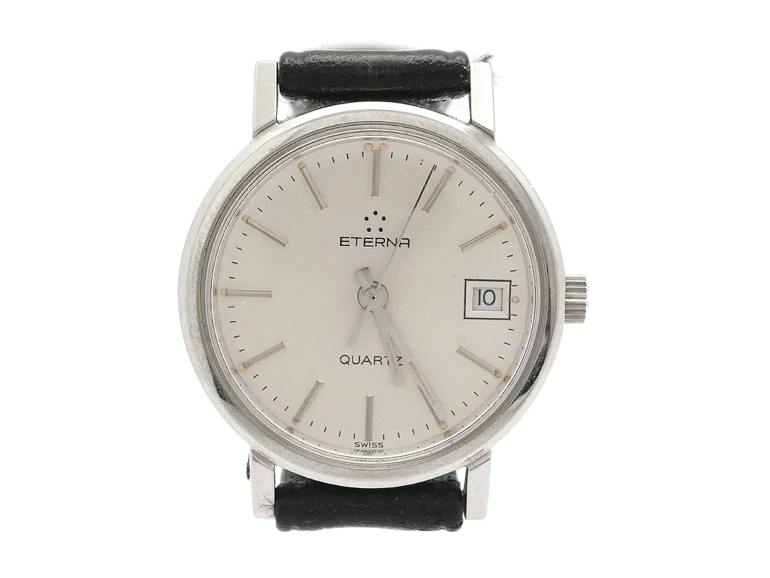 ETERNA, damur, 26 mm, Boett nr. 711.2103.25, stål, quartz, plexiglas, datum, läderband, originalspänne i stål, ca 1980. — Klockor/Eterna — Kaplans