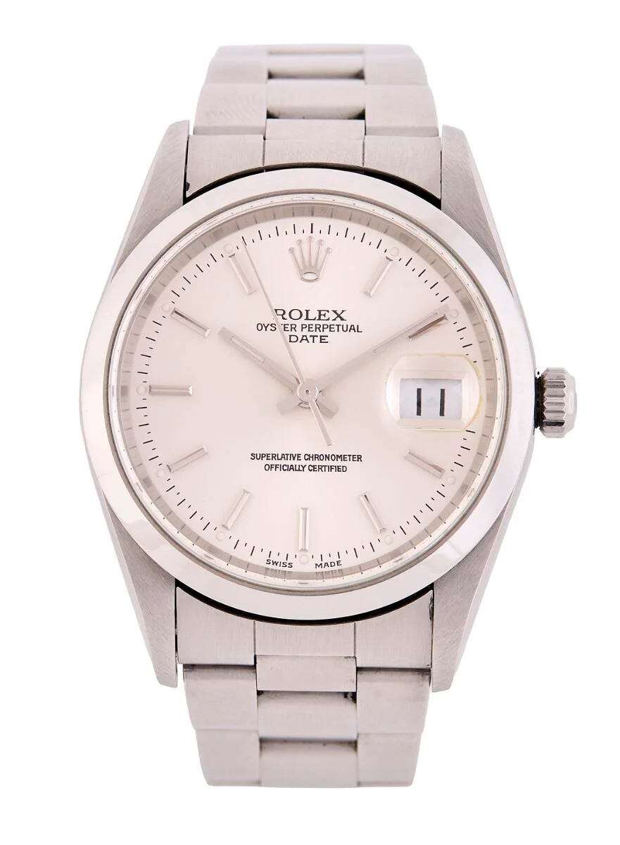 Oyster Perpetual Date of steel, ref. 15200. Mechanical movement with automatic winding and date indication, cal. 3135. Rolex “Oyster” bracelet of steel with foldover clasp. Circumference approximately 15 cm. Ø 34 mm. 2002. — Clocks & watches/Wristwatches — Bruun Rasmussen