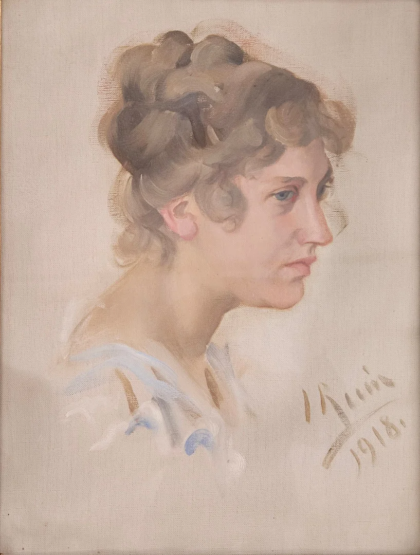INGRID RUIN. Kvinnoporträtt. Olja på duk, uppklistrad på pannå, signerad I Ruin och daterad 1918. — Paintings — Auktionshuset Thörner & Ek