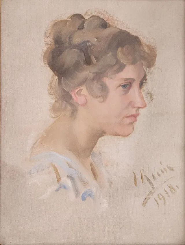 INGRID RUIN. Kvinnoporträtt. Olja på duk, uppklistrad på pannå, signerad I Ruin och daterad 1918.