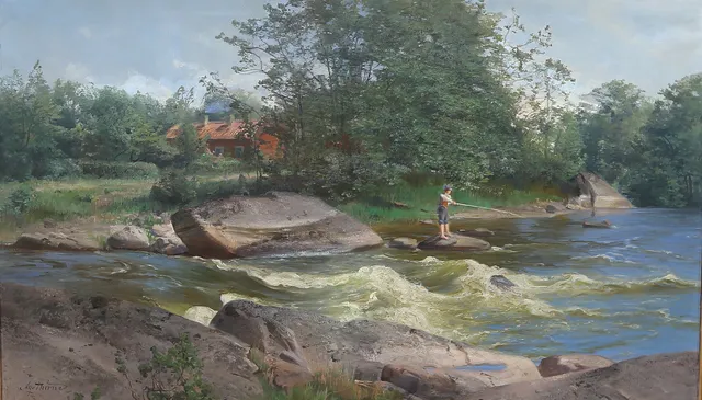 ALFRED THÖRNE. Fiskande pojke. Olja på duk, signerad.