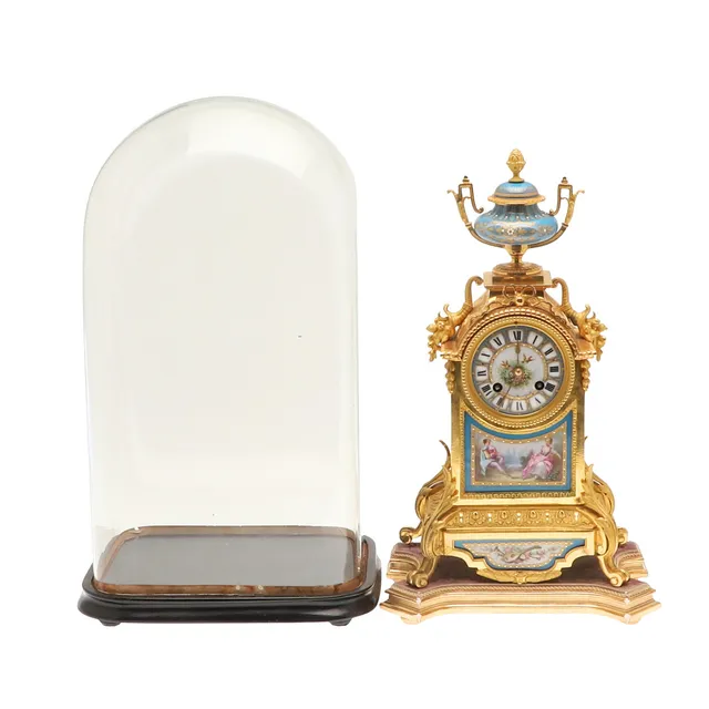A FRENCH JAPY FRERES ORMOLU AND PORCELAIN MANTEL CLOCK.
