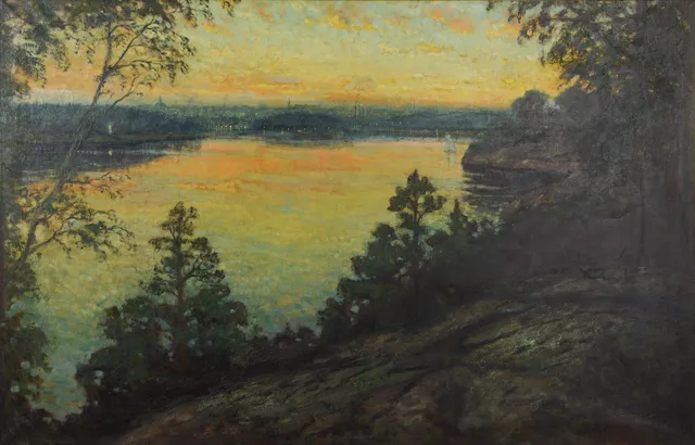 RAGNAR SWAHN. Vy över Stockholm från Lidingö, olja på duk, signerad, daterad 1936.