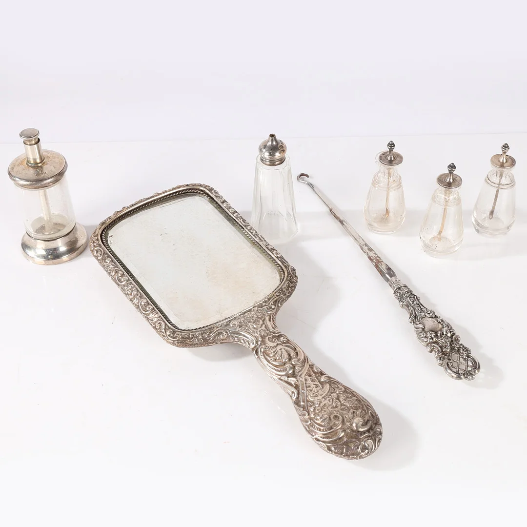SILVER, VARIOUS DATES AND MAKERS, TO INCLUDE HAND MIRROR, BUTTON HOOK, PEPPER GRINDER, FOUR CONDIMENT POTS. — Silver — Bishop & Miller