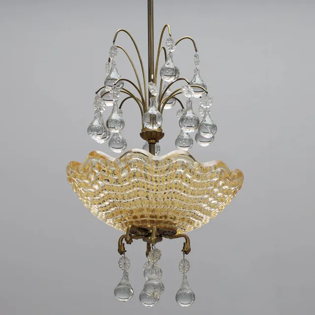 TAKLAMPA, formpressat glas, prismor i glas, möjligen Orrefors, 1940/50-tal.