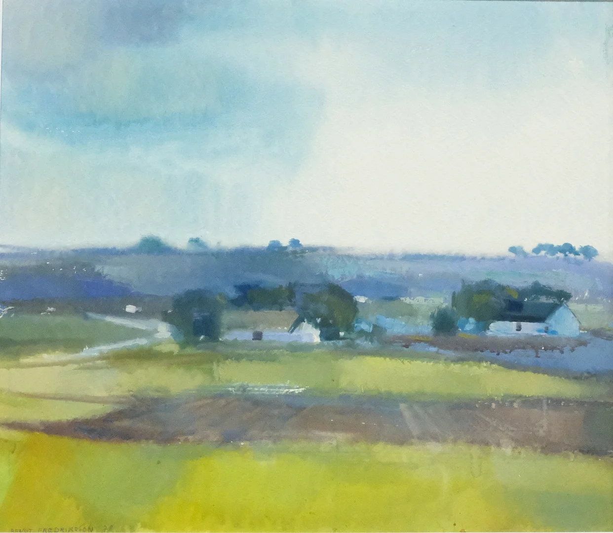 BENGT FREDRIKSSON. AKVARELL PÅ PAPPER. LANDSKAP MED GÅRDAR. — Paintings — Björnssons Auktionskammare